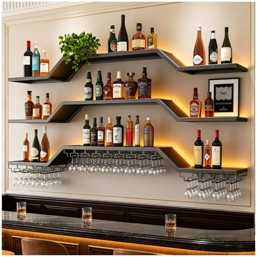 3 Livelli Portabottiglie Da Parete in stile Led industriale (nero, 160cm) | moderno porta vino in metallo con portabicchieri, espositore per bottiglie di vino in metallo, per cucina, bar, caffetteria