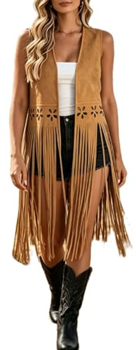 Acrawnni Women's Faux Suede Tassel Vest Sleeveless Western Cowgirl Fringe Jacket 70s Hippie Open Front Long Jacket Cardigan Outerwear (B-Brown, L)