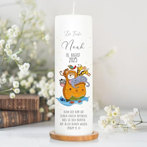 Wandtattoo Loft personalisierte Taufkerze Motiv Boot Arche Noah Tiere- Kerze zur Taufe, Geburt oder Kommunion – weiß 25 x 8 cm mit Name, Datum