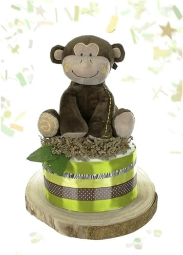 Dubistda© Gâteau à couches neutre SAFARI pour garçons et filles + carillon grand singe | cadeau pour naissance baby shower (vert)