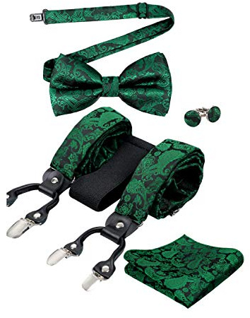 Alizeal Set da uomo con papillon e bretelle, fazzoletto e gemelli, 6 clip, colore nero, 074-verde scuro, Taglia unica