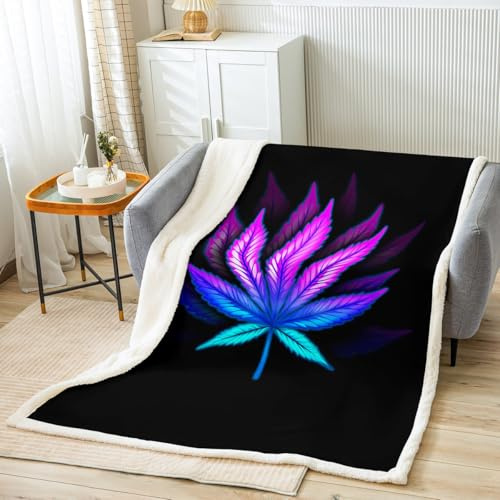 Cannabis Leaf Bed Blanket Purple and Blue Throw Blanket Lightweight Soft Cozy Luxury Marijuana Weed Fleece Blanket Trippy Boho Flannel Blanket for Sofa Bedroom Office Travel All Season(Twin 60x80)