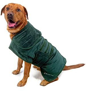 Mountain Paws Hunde-Trockenmantel, Mikrofaser, super saugfähiger Hunde- oder Welpen-Bademantel mit verstellbarem Kragen/Kapuze und Bauchgurt, super weich, schnell trocknend, Grün