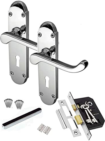 Golden Grace Epsom Victorian Scroll Lock Door Handles, Polished Chrome | Supplied with a 3-lever lock, 2 keys, butt hinges and spindles for quick, complete setup on internal or external doors.