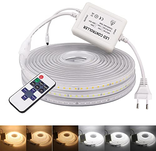 KISUFU 220V LED Strip with Dimmable 7m, 120 LEDs/m Super Bright High Density, IP65 Waterproof Flexible 2841 LED Light Strip for Kitchen, Garden and Bathroom,Home DIY Weihnachten Festival Decoration