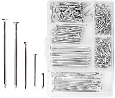 250 Assorted Flat Head Nails Perfect for Wood and Hanging Pictures, Long, Medium and Small Wall Nails for DIY and Crafts, Home Décor, Woodwork, Furniture and Construction, Silver