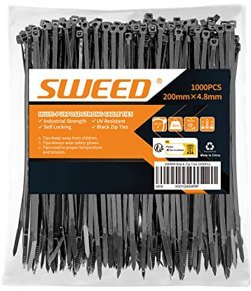 SWEED 200mm Riselant Noir, 1000pcs Serre Cables Robustes, Serre-Câbles Resistant à La Traction De 22kg, Collier de Serrage Anti-UV, Usage En Intérieur Et Extérieur