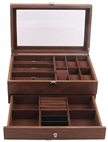 RUVOO Uhrenrolle Uhrenbox Uhrenhalter Uhren-Display-Organizer, Doppelschicht, Retro-Holz, 6 Fächer, Uhrenbox, 3 Gitter, Brillenbox, Transparente Oberseite, Abschließbar Uhrenetui Uhrenaufbewahrung