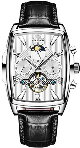 OLEVS Herren-Armbanduhr, quadratisch, luxuriös, automatisch, selbstaufziehend, Skelett, braun, atmungsaktiv, Lederband, Kleid, mehrere Kalender, wasserdicht, Mondphase, stilvolles Geschenk, schwarz /