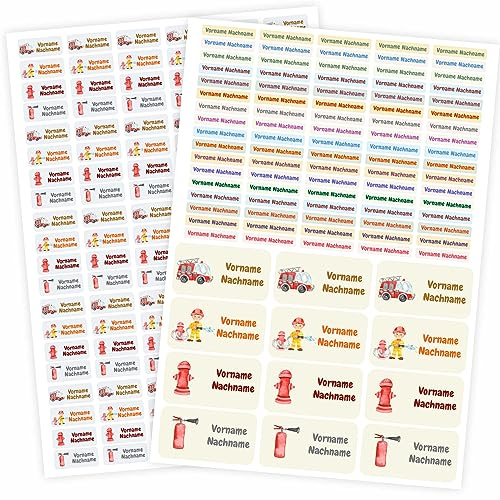 217 Stück personalisierte Namensaufkleber Set - mit Wunschname für Stifte und alle Schulsachen - Kinder Name Beschriftung Schule Kindergarten Kita Sticker (Feuerwehr)