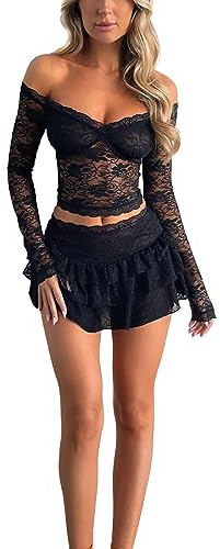 Ensemble de 2 jupes en dentelle patchwork Y2K pour femme - Épaules dénudées - Manches longues - Transparentes - Crop tops ajustés - Taille basse - Jupe moulante - Tenue streetwear