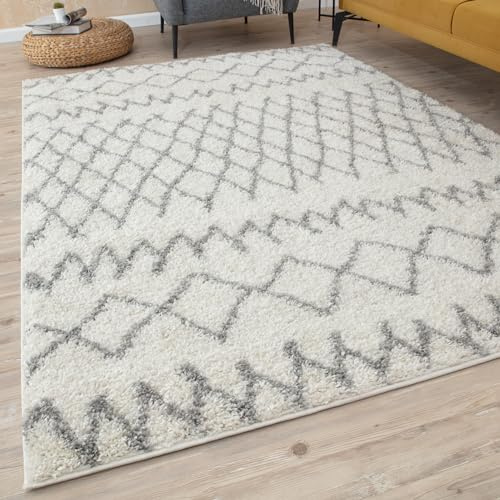 THE RUGS Modern Moroccan Design Living Room and Bedroom Rugs, Non-Shedding & Easy Care (Tangier Ivory/Grey, 60x110 cm)