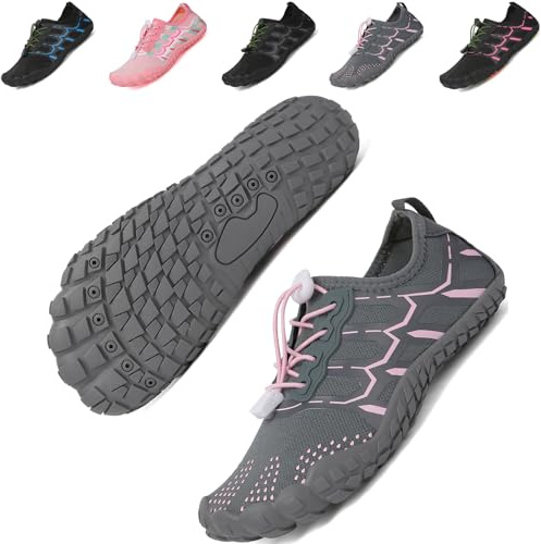 Wasserschuhe, Barfußschuhe, Herren, Damen, Strand, Aqua, Meer, Schwimmen, Nassbad, rutschfest, Segeln, schnell trocknend, leichter Schuh, Grau/Rosa, 36 1/3 EU