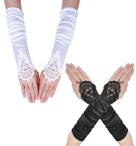 EUPSIIU 2 Stücke Lange Handschuhe, Damen Opernhandschuhe, Fingerlose Handschuhe, Spitze Satin Hochzeit Handschuhe, Retro Satin Stretch Handschuhe, für Party Braut (Schwarz, Weiß, Einheitsgröße)