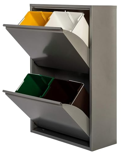 WELL HOME MOBILIARIO & DECORACIÓN Cubo de basura y reciclaje Metálico de 4 compartimentos, 4x17L (68L) Gris brillo