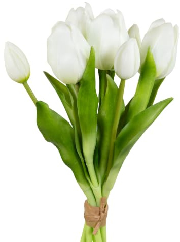 Seidenblumen Roß Tulpenbund Nature Real Touch 32x24cm mit 7 Tulpenblüten Weiß PM Tulpenbündel Kunstblumen künstliche Blumen Tulpen Kunststoff