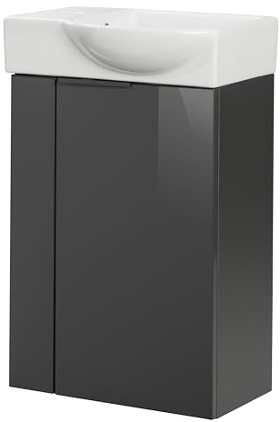 FACKELMANN Luna Gäste-WC Set 2 Teile – Waschtischunterschrank in Anthrazit mit Waschbecken aus Keramik – SBC Waschbeckenunterschrank schmal – Türanschlag rechts – Hahnloch Links – 45 cm breit