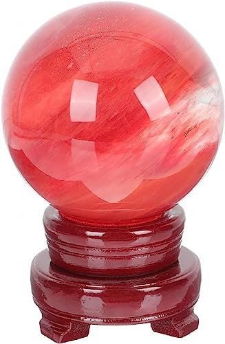 IDGTTLDF Rote Kristallkugel mit Holzständer, natürliche Kristallkugel, schmelzender Quarzkristall, Edelstein, Weissagungskugel for Zuhause, Fengshui-Dekoration, 8 cm Kristallkugel Voller Textur