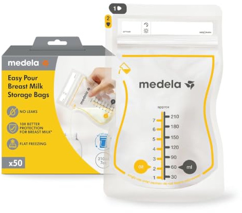 Medela Sacche Monouso Easy Pour per la Conservazione del Latte Materno, Capacità 210 ml, Design a Prova di Perdite con Protezione del Latte, Senza BPA, Confezione da 50 Pezzi