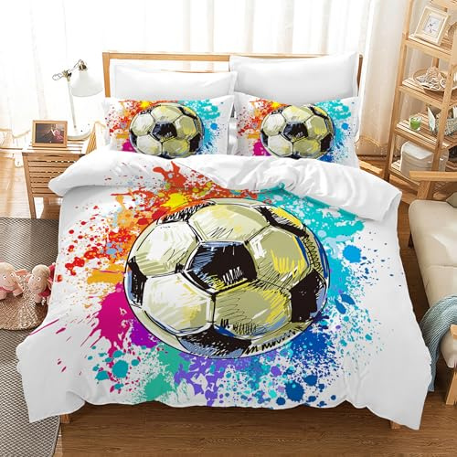 Leleyouzer Fußball-Bettbezug 135 x 200 cm für Kinder, Bettwäsche für 1 Person, 3D, Fußball, Bettbezug aus Mikrofaser + 2 Kopfkissenbezüge 50 x 75 cm (ZQ2)