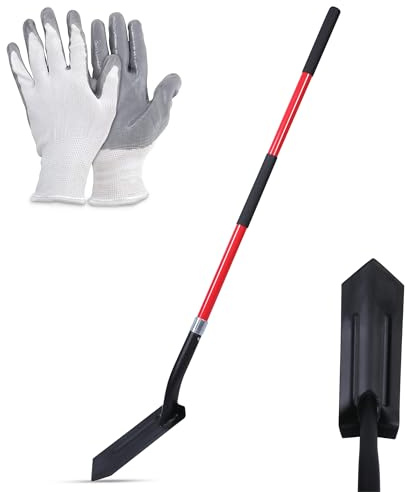 Trench Shovel for Digging 4 Inch, Trenching Shovel Heavy Duty, Drain Spade with Fiberglass Handle and Double Non-Slip Grip 56 Inches - Complete with Gloves