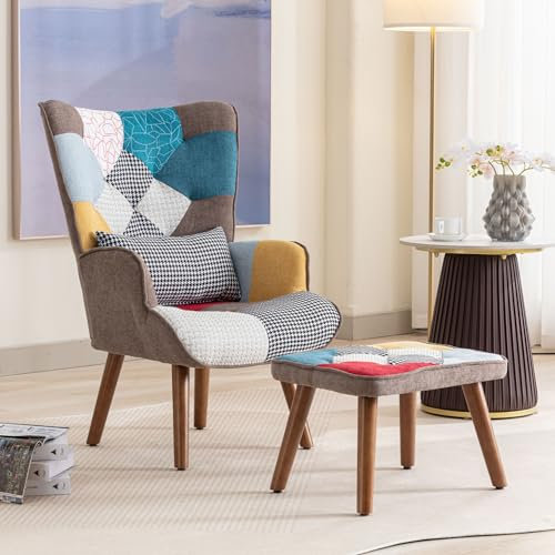 Ymkua Relaxsessel Sessel, Loungesessel Wohnzimmer mit Hocker, Fernsehsessel Armlehnsessel, Armlehnstuhl, Lesestuhl mit Fußstütze für Schlafzimmer, Leinen, Massivholzfüße, Colorful, 69x95,5x51cm