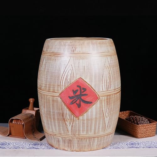 Ceramic Rice and Grain Storage Container with Lid, Ceramic Rice Bucket with Tassel Design, Airtight Bulk Food Storage Dispenser, for Kitchen Food Storage Box(Wood color2,26*32cm/10.2*12.5in)