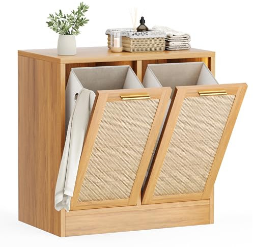 Pamapic Mobile da Bagno con Portabiancheria, Mobiletto Bagno con Design in Vero Rattan, Mobiletto Lavanderia con 2 Cesti Rimovibili, Anti-ribaltamento, 66 x 39,5 x 68 cm, Naturale