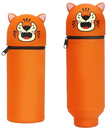 Augesak 2-in-1 Kawaii Federmäppchen Tiger, Mäppchen Jungs Silikon Federmäppchen, Stand Up Schulmäppchen, Cartoon Tier Stifthalter Federmappe, Pencil Case Tiger, Stifte Mäppchen für Kinder Schulbedarf