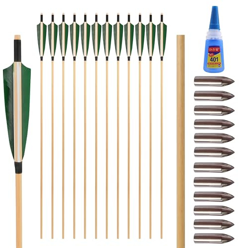 Poearcus 32“ Arco Tradizionale in Legno/bambù frecce da Caccia con 5” Piuma di Tacchino frecce di tiro per Arco ricurvo Longbow Arco Tradizionale 6/12pcs (6, Verde, Freccia di Legno)