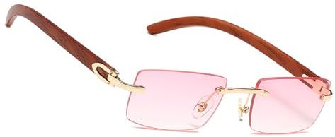 MEGAVOW Retro Randlose Sonnenbrille, Brillenband, Rechteck Ultra-Small Frame Sonnenbrille, Sonnenbrilles mit Holzimitat Beinen für Herren und Damen, Klassische Retro