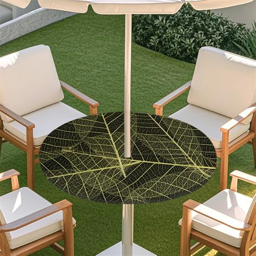 Surwin Outdoor Round Tablecloth with Parasol Umbrella Hole Zipper, Elastic Edge Fitted Protector Round Table Cloth Waterproof Table Cover for Garden BBQ Party -Summer Leaf (Black,L(114-137cm)