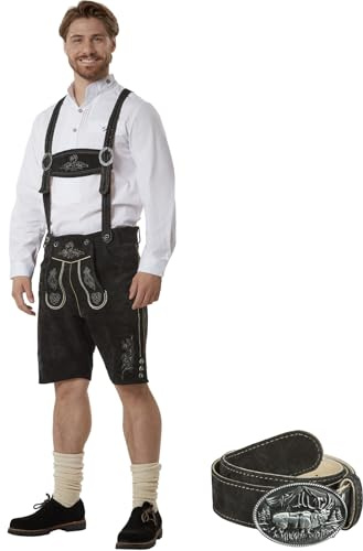 dressforfun Echtleder Lederhose Herren lang, Trachtenlederhosen für Herren, Trachten Lederhose Vintage Look Lederhosen mit Hosenträgern und Hornknöpfen, Trachtenhose Herren