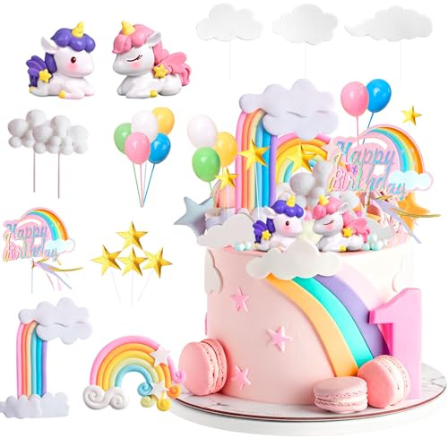 Huxolynifty 23-Piece Unicorn Cake Topper Set - Unicorn Rainbow Cake Decorations, Cloud, Balloon, Star, Happy Birthday Party Supplies For Baby Shower, Girls Birthday, Pink