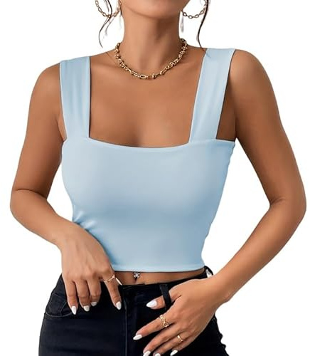 Haibang crop top damer sexig fyrkantig hals linne topp ärmlös linne kort sommar toppar passform korsett topp basic skjorta camisole streetwear, Havsblått, XXL