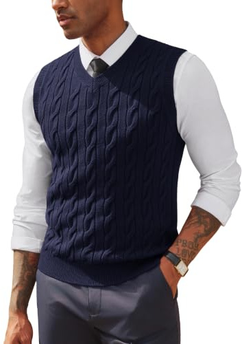 PJ PAUL JONES Chaleco de punto para hombre con cuello en V, sin mangas, suéter casual, azul oscuro, XL