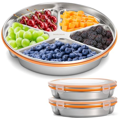 YOUEON 2 Pack Stainless Steel Divided Serving Tray with Lid, 5 Compartments Round Veggie Tray Snack Box, Reusable Sectioned Food Storage Container for Meal Prep, Party, Entertaining