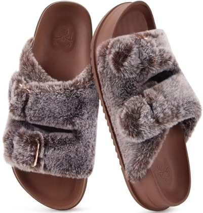 KuaiLu Zapatillas Mujer Fascitis Plantar Sandalias de plataforma Invierno Caliente Punta Abierta Pantuflas Antideslizante Goma Suela Interior Exterior, Marrón EU40