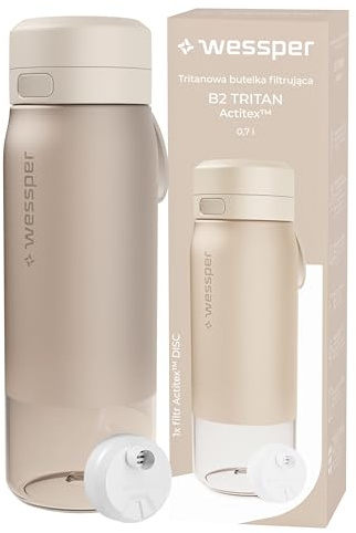 Wessper Wasserfilter Flasche Tritan 700ml mit Actitex Disc Filter - Beige | wasser flasche, aktivkohle wasserfilter kartuschen reduziert chlor, Filterwechselanzeige, BPA free