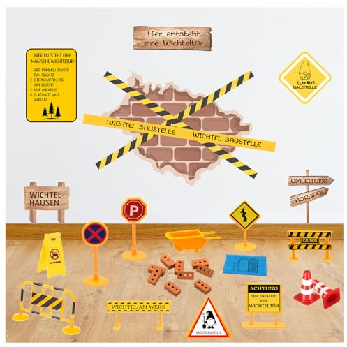 Ozagkad Wichtel Baustelle Set, Wichteltür Zubehör Weihnachten, Wichtel Baustelle Einzug, Miniatur Weihnachtswichtel Tür Deko, Mini-Straßenschilder Verkehrskegel (Braun)