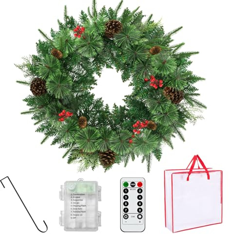 Remote Control 36 Pre-Lit Artificial Christmas Wreath, Norwood Fir Carolina Pine with Crestwood Spruce Pine Cones and Berry Clusters Warm White 75 LED Lights Christmas Decor in/Outdoor Holiday Decor