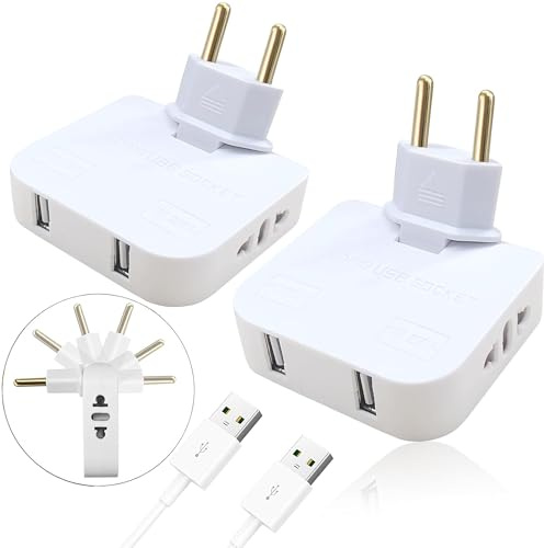 2 Pcs Mehrfachsteckdose Flacher Stecker Mit 2 USB-Buchsen, 180° Drehbare Steckdosenadapter USB, USB Flachstecker Mehrfachsteckdose 3-In-1 European Standard Travel Plug, Für Reisen Und Zu Hause