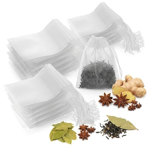 100 Stück Gewürzsäckchen zum Kochen,Mitkochen Gewürze Wiederverwendbar Gewürzbeutel für Teebeutel Beutel Klein mit Kordelzug Gewürzsack Cooking Spice Kräuter Tee Bags Selbstbefüllen Gewürzei Teabags