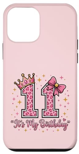 Custodia per iPhone 12 mini Corona con fiocco leopardato rosa per 11° compleanno, per bambina di 11 anni