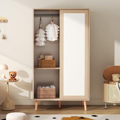 Merax Kinderkleiderschrank mit Schiebetüren – Weißer Kleiderschrank aus Spanplatte mit Vollholz-Standfüßen, 80×46×141,5 cm für Kinderzimmer, Schlafzimmer und kleine Räume