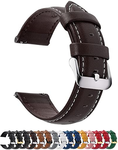 12 Farben Uhrenarmband 20mm Lederarmband für Smartwatch Universal-Uhr | Schnellverschluss Vintage Ersatzrmbänder mit Edelstahl Schließe,für Herren Damen,Dunkelbraun+silberfarbene Schnalle