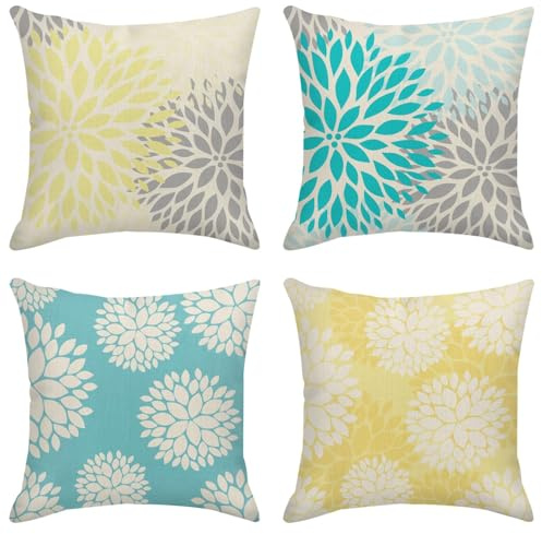 Taysta Decorative Linen Throw Pillow Covers Set of 4 Yellow and Gray Pastel Blue and Gray Trendy White Floral Teal Turquoise Aqua Lemon Floral Dahlia Pillow Case 18x18 inches