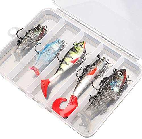 DONQL Weiches Angelköder-Set, Angelköder, Köder-Set für Süßwasser, Forelle, Barsch, Lachs, inklusive lebhaften Spinnködern, künstlichen Silikon-Bassködern mit Box (5 Stück)