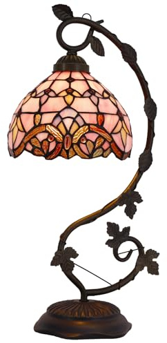 WERFACTORY Tiffany Table Lamp Pink Stained Glass Baroque Style Reading Desk Light, Metal Leaf Base 8X10X21 Inches Decor Small Space Bedside Bedroom Home Office S003P Series
