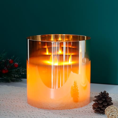 JHY DESIGN 3 Dochte Kerze Echtwachs, Flammenlos LED Batteriekerze mit 6-Stunden Timerfunktion & 3D-Effekt batteriebetrieben in Glas für Weihnachts Wohnzimmer Hochzeit(Klein,Gold)
